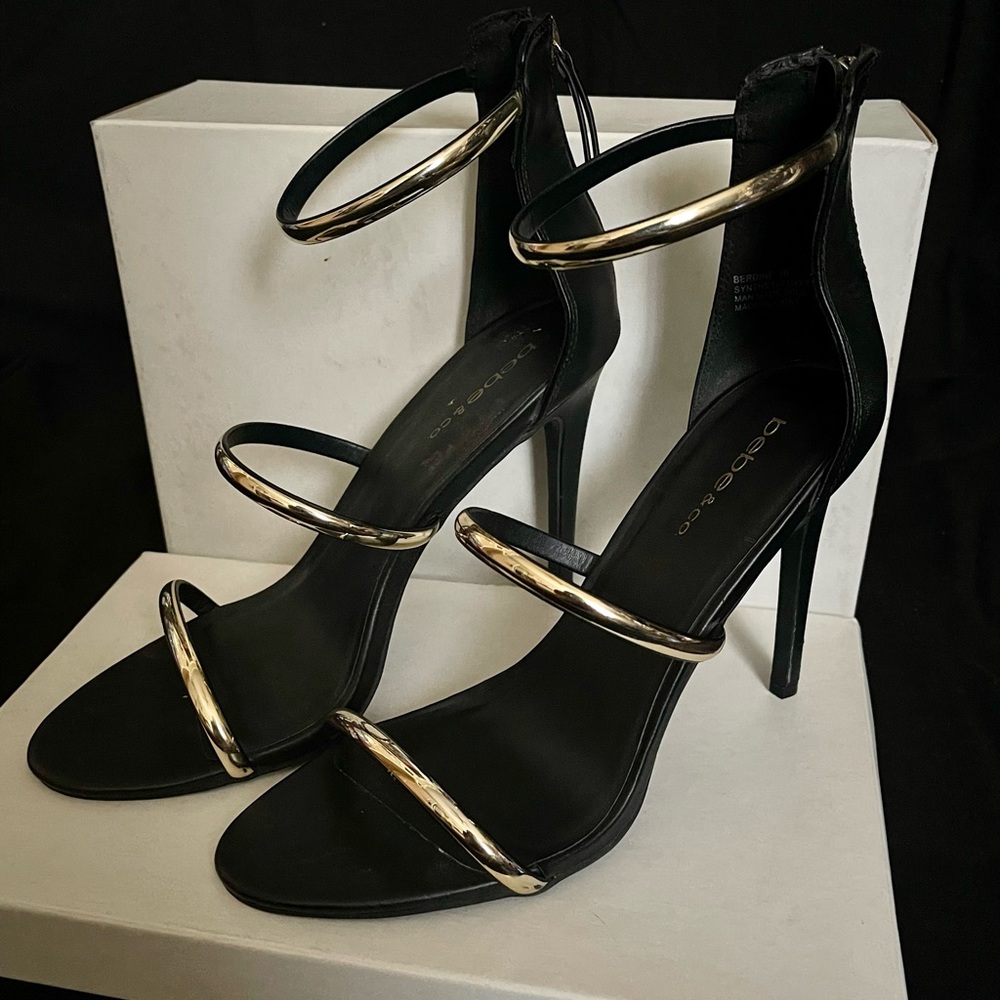 Supercute! Bebe, black & gold stiletto heels